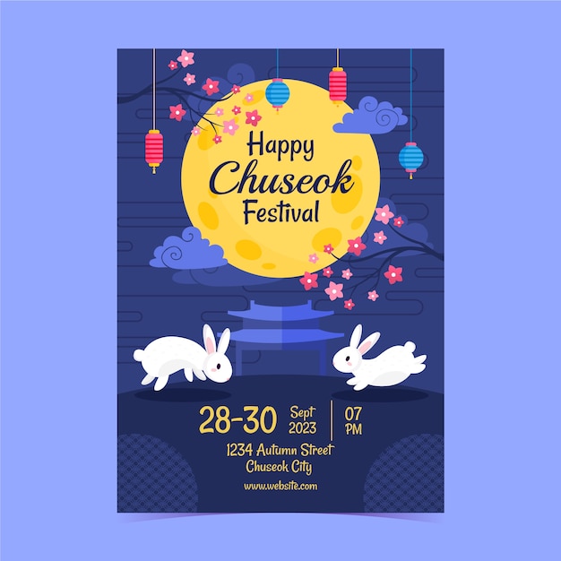 Modelo de cartaz vertical plano para a celebração do festival chuseok da coreia do sul