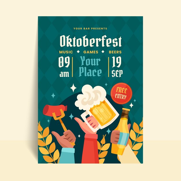 Modelo de cartaz vertical plano para a celebração do festival de cerveja Oktoberfest