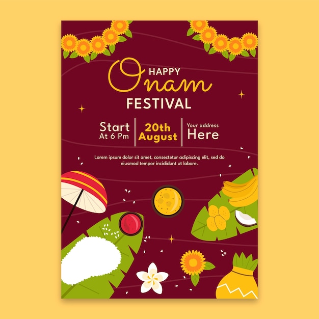 Modelo de cartaz vertical plano para a celebração do festival de onam