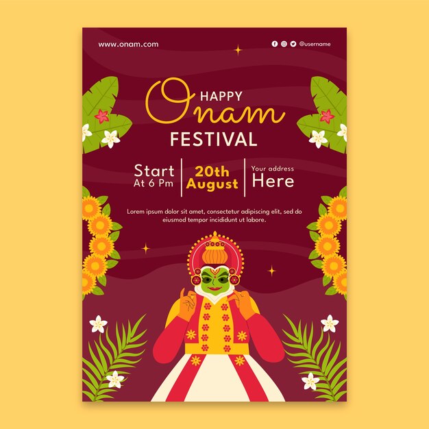 Modelo de cartaz vertical plano para a celebração do festival de onam