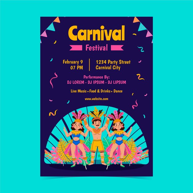 Modelo de cartaz vertical plano para carnaval brasileiro