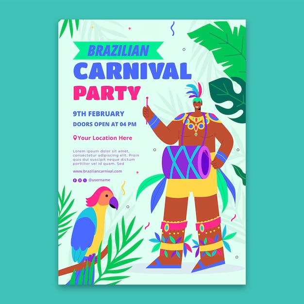 Modelo de cartaz vertical plano para carnaval brasileiro