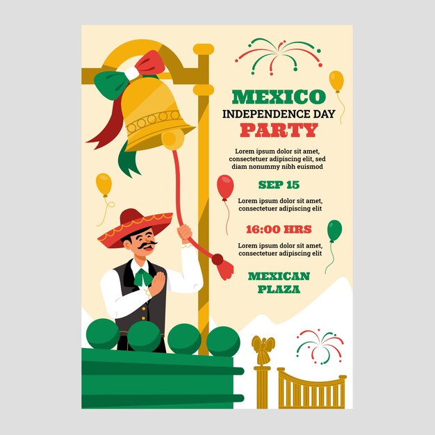 Modelo de cartaz vertical plano para celebração da independência do méxico
