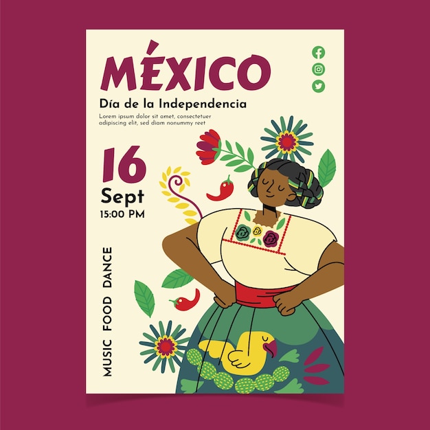 Modelo de cartaz vertical plano para celebração da independência do méxico