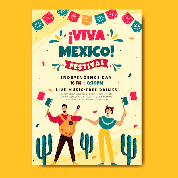 Modelo de cartaz vertical plano para celebração da independência do méxico