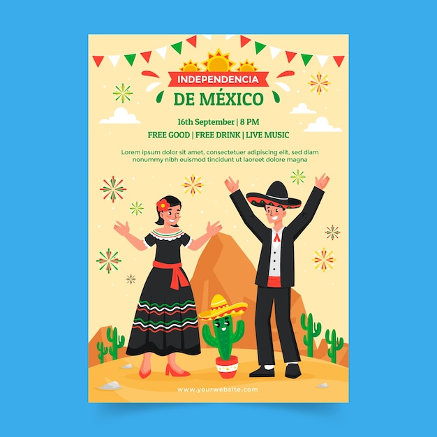 Vetor grátis modelo de cartaz vertical plano para celebração da independência do méxico