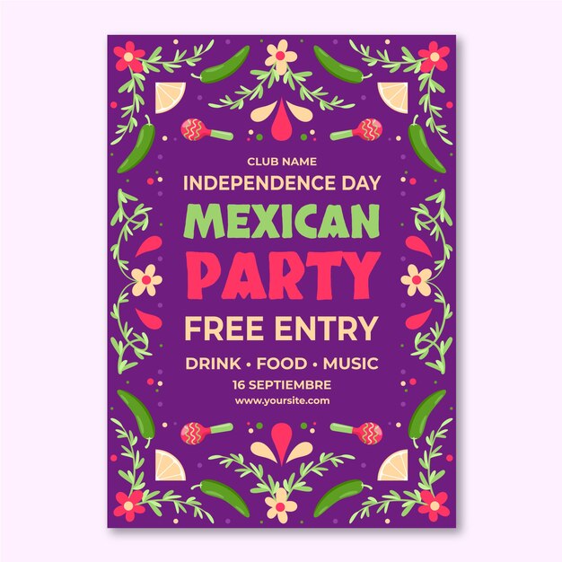 Modelo de cartaz vertical plano para celebração da independência do méxico