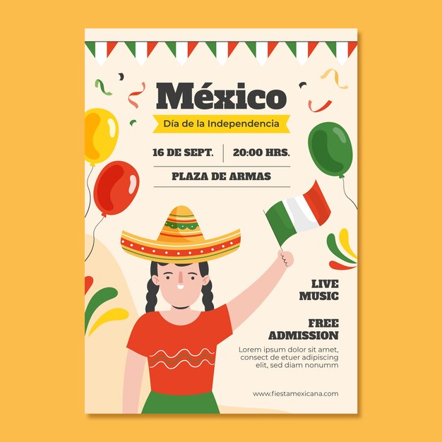 Modelo de cartaz vertical plano para celebração da independência do méxico