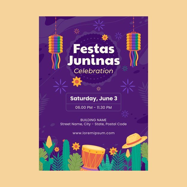 Modelo de cartaz vertical plano para celebração de festas juninas brasileiras