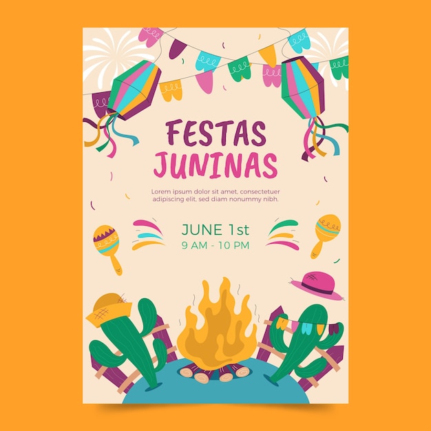 Vetor grátis modelo de cartaz vertical plano para celebração de festas juninas brasileiras