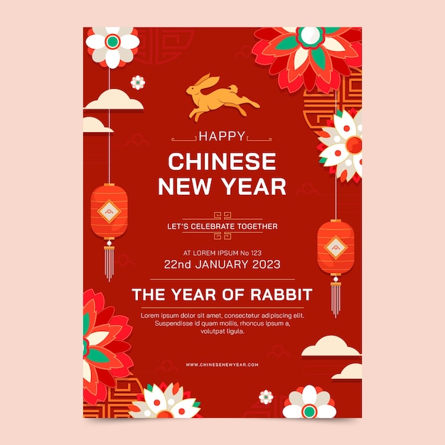 Modelo de cartaz vertical plano para celebração do ano novo chinês