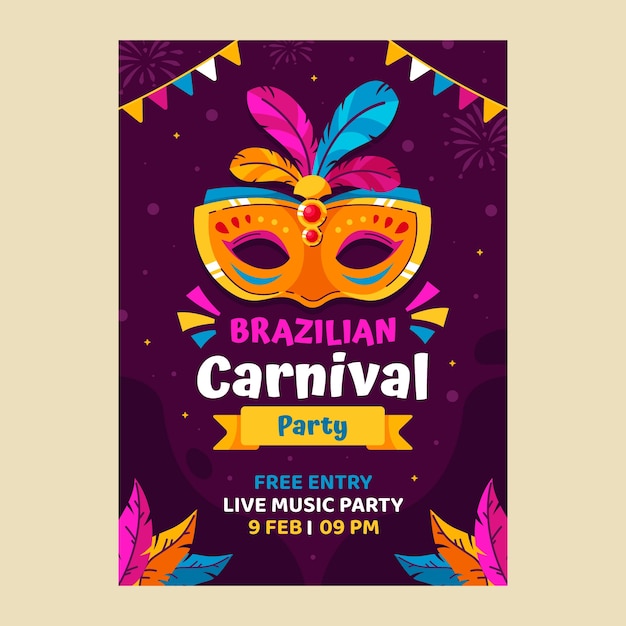 Vetor grátis modelo de cartaz vertical plano para celebração do carnaval brasileiro