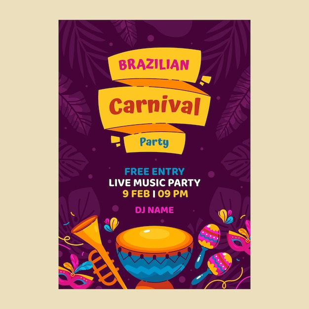 Modelo de cartaz vertical plano para celebração do carnaval brasileiro