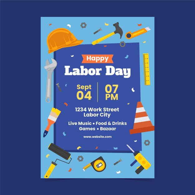 Modelo de cartaz vertical plano para celebração do Dia do Trabalho americano