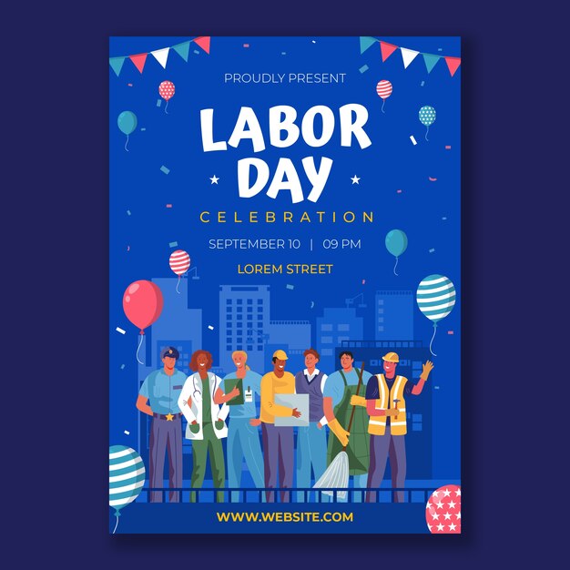 Modelo de cartaz vertical plano para celebração do dia do trabalho
