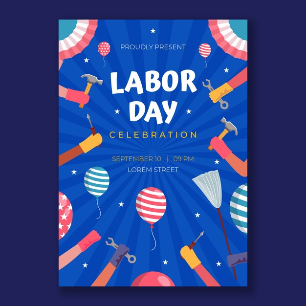 Modelo de cartaz vertical plano para celebração do dia do trabalho