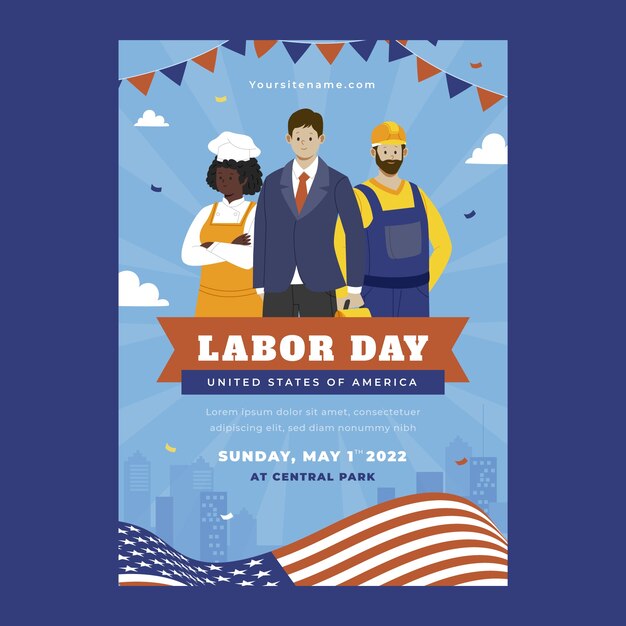Modelo de cartaz vertical plano para celebração do dia do trabalho