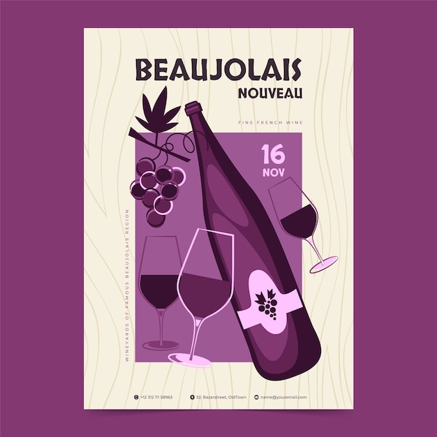 Vetor grátis modelo de cartaz vertical plano para celebração do festival de vinho francês beaujolais nouveau