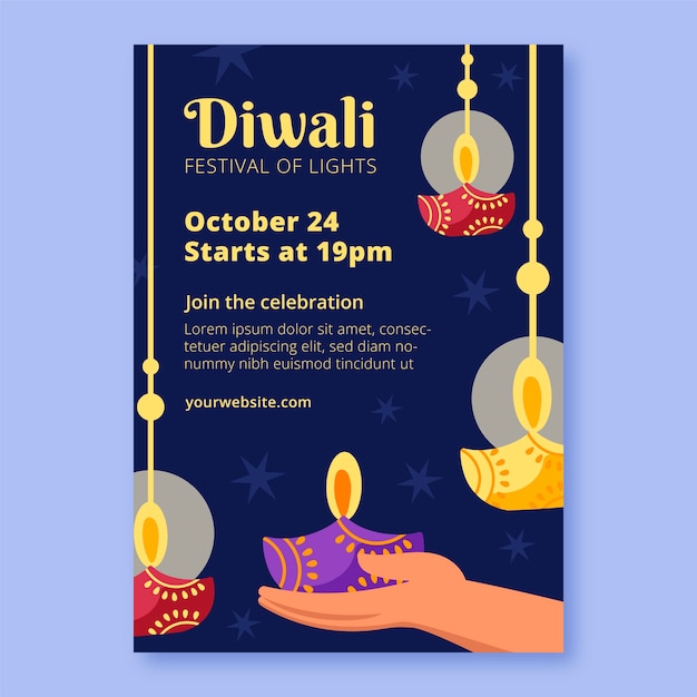 Modelo de cartaz vertical plano para celebração do festival diwali