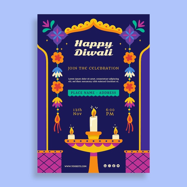 Vetor grátis modelo de cartaz vertical plano para celebração do festival hindu diwali