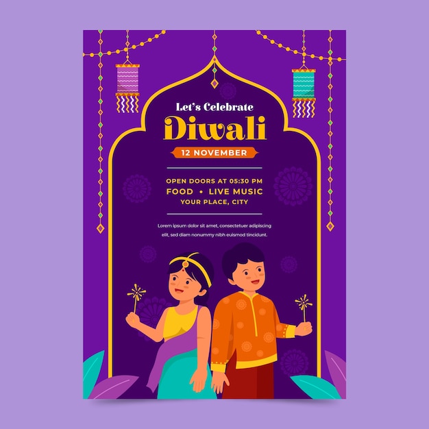 Vetor grátis modelo de cartaz vertical plano para celebração do festival hindu diwali