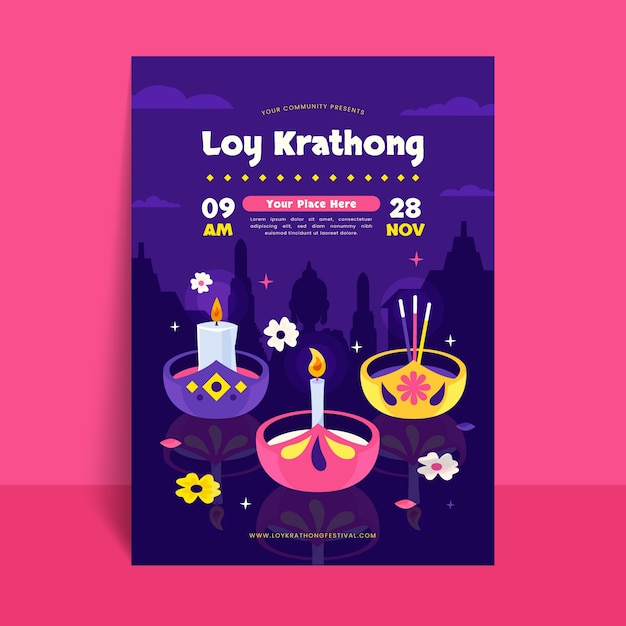 Vetor grátis modelo de cartaz vertical plano para celebração do festival tailandês loy krathong