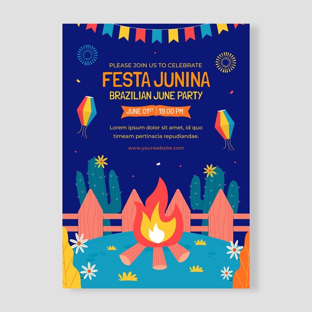 Vetor grátis modelo de cartaz vertical plano para celebrações de festas juninas brasileiras