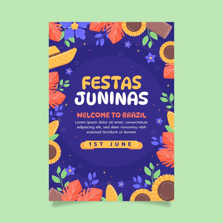 Vetor grátis modelo de cartaz vertical plano para celebrações de festas juninas brasileiras
