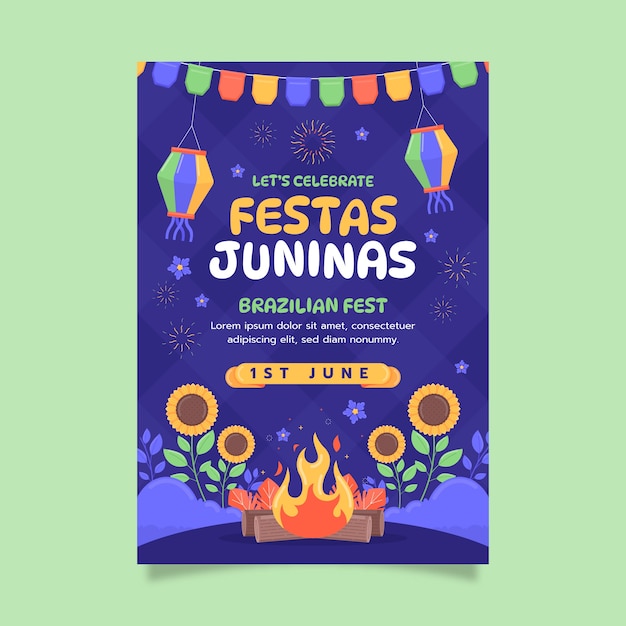 Vetor grátis modelo de cartaz vertical plano para celebrações de festas juninas brasileiras