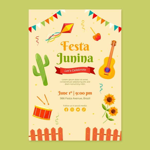 Modelo de cartaz vertical plano para celebrações de festas juninas brasileiras