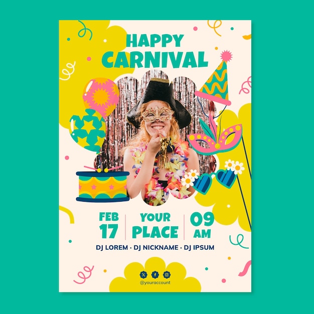 Vetor grátis modelo de cartaz vertical plano para festa de carnaval