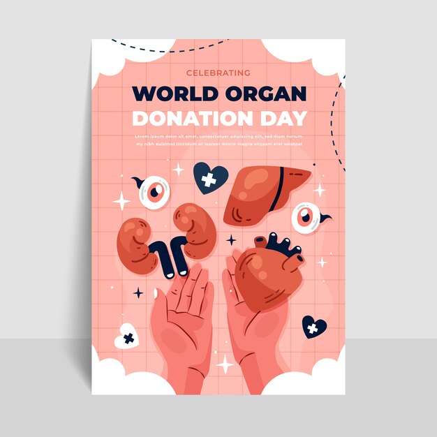 Modelo de cartaz vertical plano para o dia mundial da doação de órgãos
