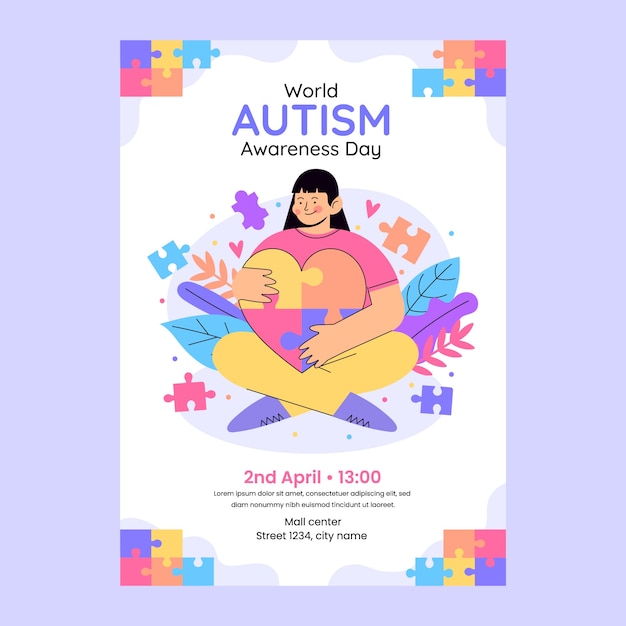 Vetor grátis modelo de cartaz vertical plano para o dia mundial de conscientização sobre o autismo