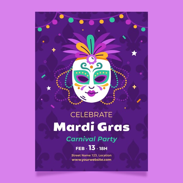 Modelo de cartaz vertical plano para o festival de Mardi Gras