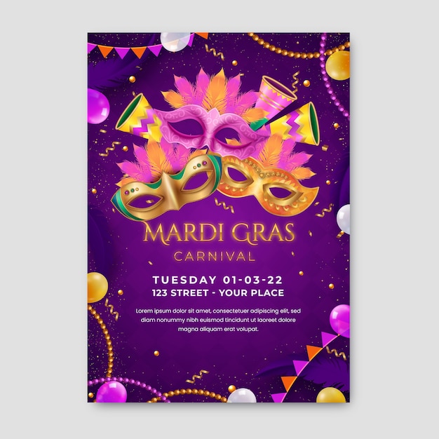 Vetor grátis modelo de cartaz vertical realista de mardi gras