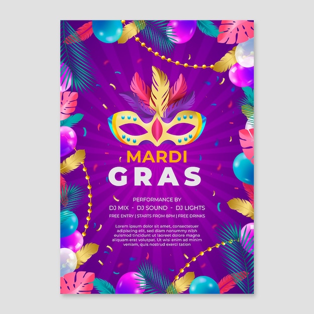 Vetor grátis modelo de cartaz vertical realista mardi gras fest