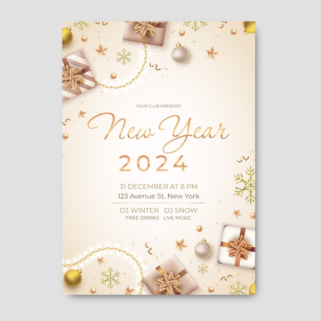 Vetor grátis modelo de cartaz vertical realista para a celebração do ano novo de 2024