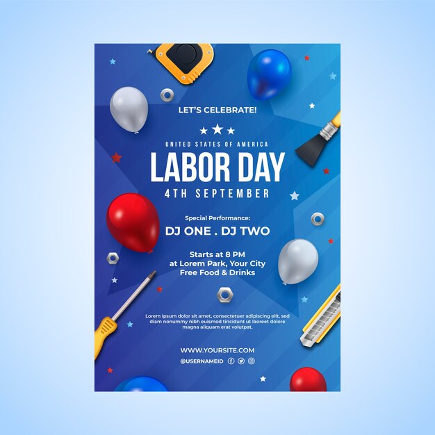 Modelo de cartaz vertical realista para a celebração do Dia do Trabalho americano