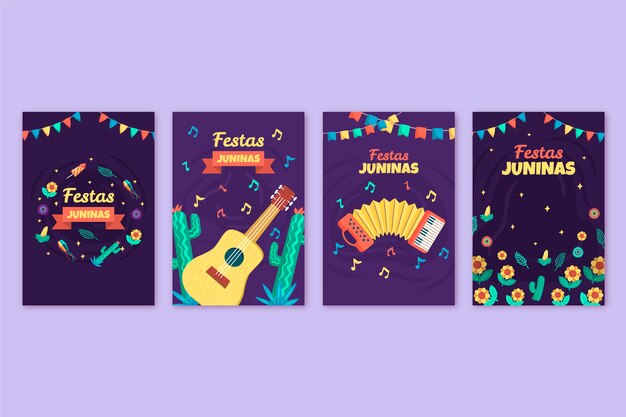 Modelo de cartões de celebração de festas juninas desenhados à mão