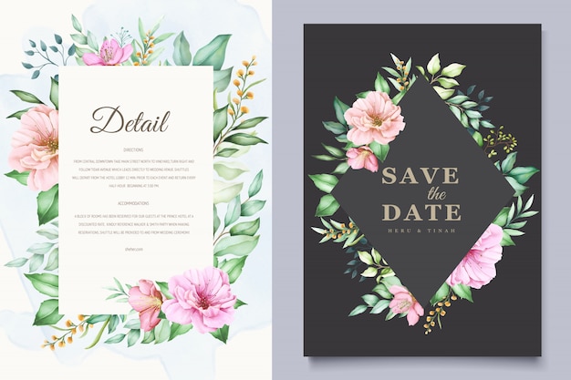 Vetor grátis modelo de cartões de convite de casamento elegante com design de flor de cerejeira em aquarela