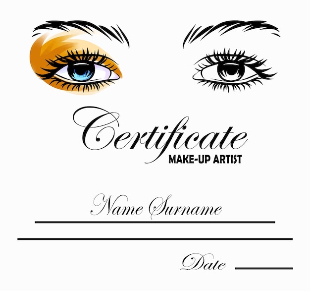 Modelo de certificado de artista de maquiagem cartão de vetor de salão de beleza e moda olhos de mulher preto e branco