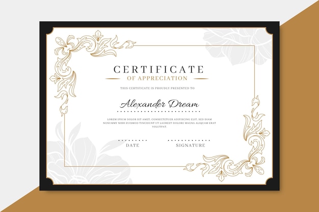 Modelo de certificado decorativo desenhado à mão para gravura