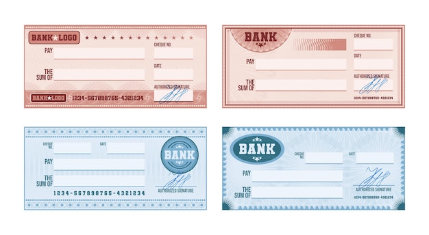 Vetor grátis modelo de cheque bancário em branco com padrão guilhoché azul e rosa e conjunto realista de assinatura ilustração vetorial isolada