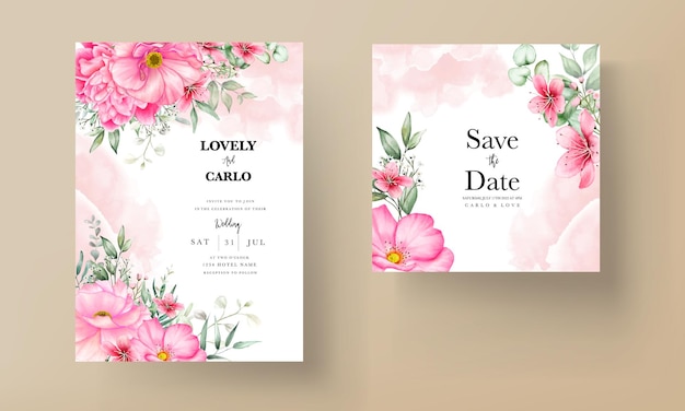 Modelo de conjunto de cartão de convite de casamento com lindas flores e aquarela de folhas