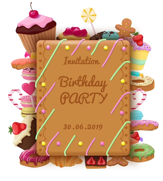 Vetor grátis modelo de convite de aniversário com bolos de moldura retangular, macaroons, donuts, biscoitos, pirulitos, croissant, muffins e produtos doces