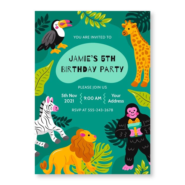 Modelo de convite de aniversário de animais desenhados à mão