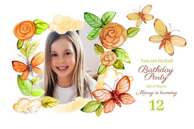 Vetor grátis modelo de convite de aniversário de borboleta aquarela pintado à mão com foto