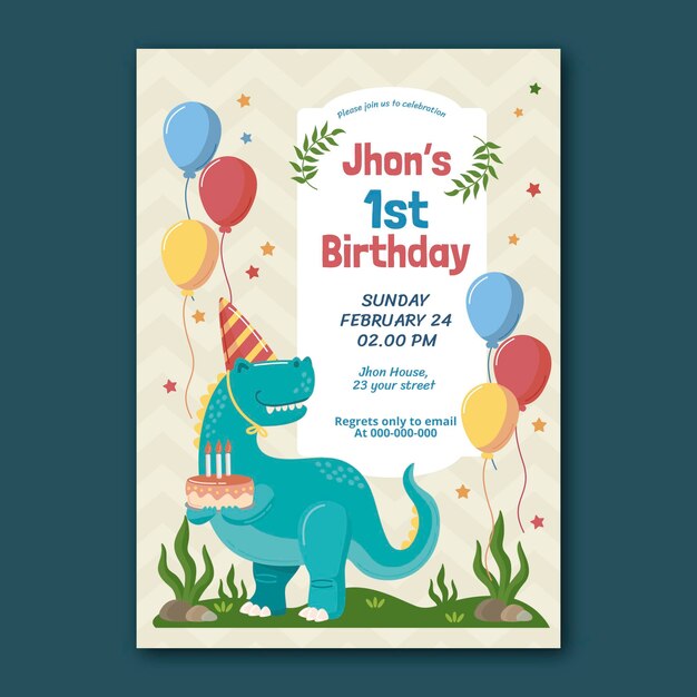 Modelo de convite de aniversário de dinossauro desenhado à mão
