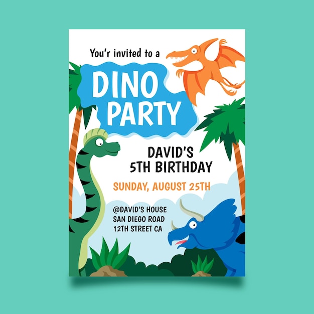 Modelo de convite de aniversário de dinossauro plano