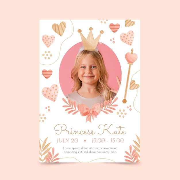 Vetor grátis modelo de convite de aniversário de princesa em aquarela pintada à mão com foto